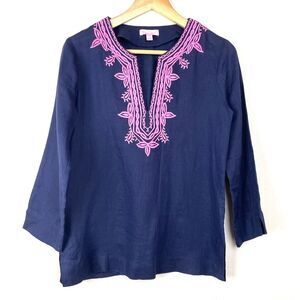 Lilly Pulitzer 100% Linen Amelia Island Blue‎ Embroidered Popover XS Resort Top